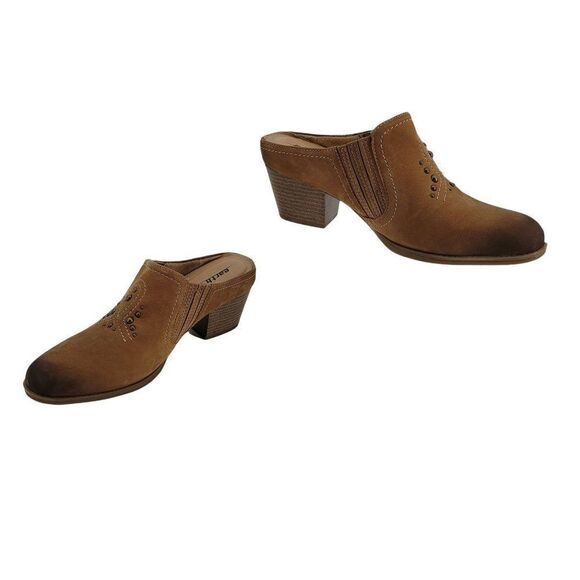 Earth Mendon Wide Country Chunky Heel Aged Distressed Studded Mules Brown Sz 9D - Picture 1 of 11